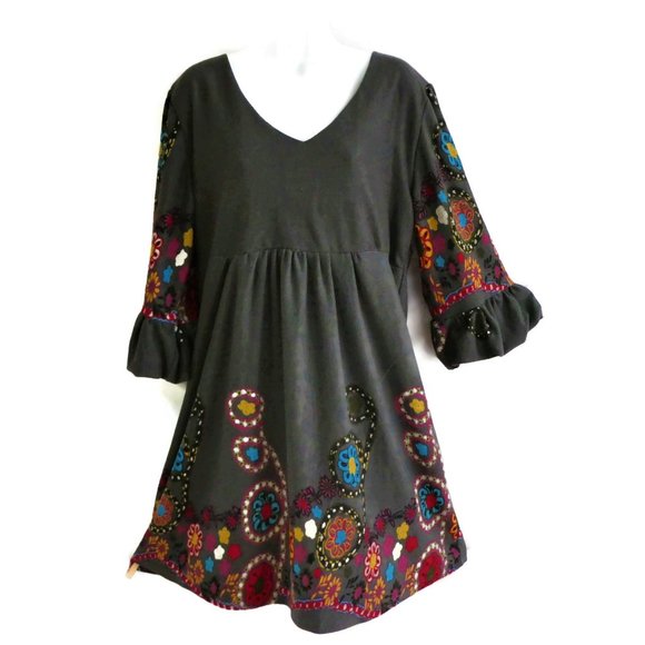 Ice Silk Dresses & Skirts - Dress Boho Jersey Sweatshirt V Neck Charcoal Floral Border Ruffle Flounce Sleeve